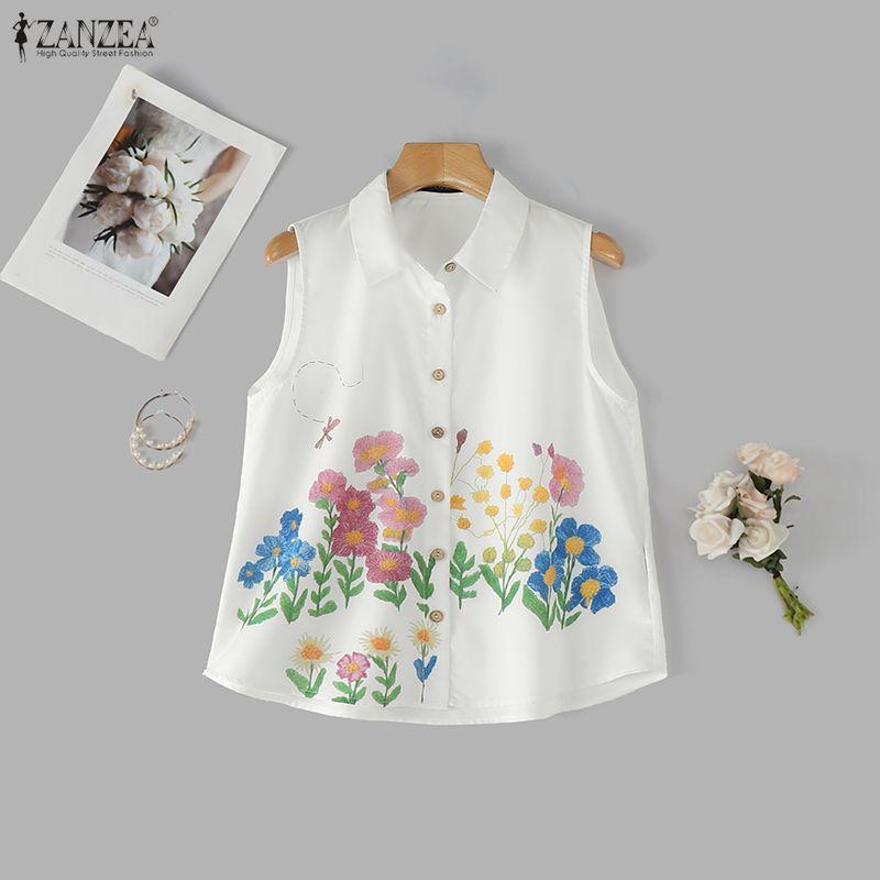 ZANZEA Women Casual Turn Down Collar Floral Print Sleeveless Vest Tops