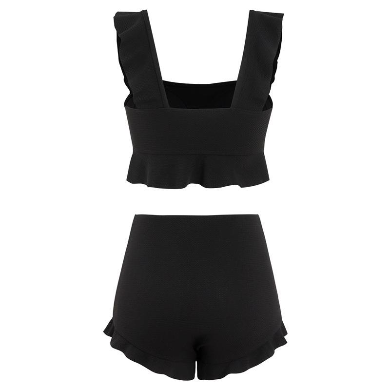 

Conservative Knit Bikini Set Ruffle Trim Push Up High Waisted Boy Short Tummy Control Slimming Student Summer Beach Hot Spring Bathing Suit Swimwear XL чорний