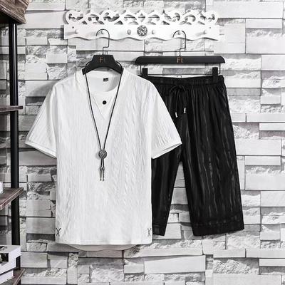 Summer Loose Two Piece Set Men's Short-sleeved T-shirt Drawstring Pants Korean Wrinkle Sports Casual Suit