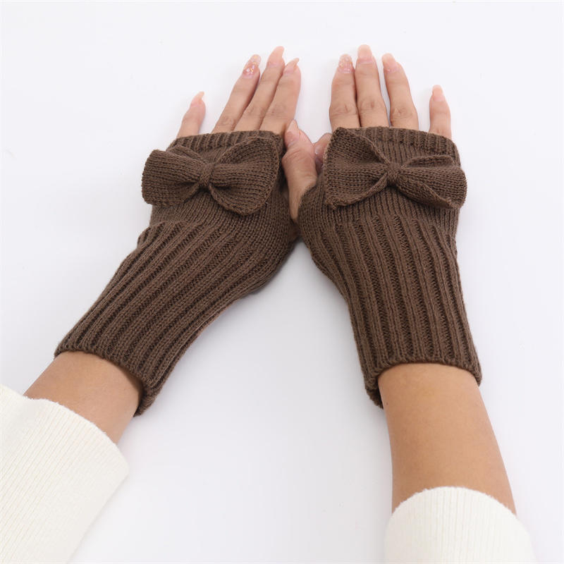 Women Short Bow Cable Knitted Warm Fingerless Gloves Outdoor Stretchy Arm Warmers Office Typing Wrist Gloves