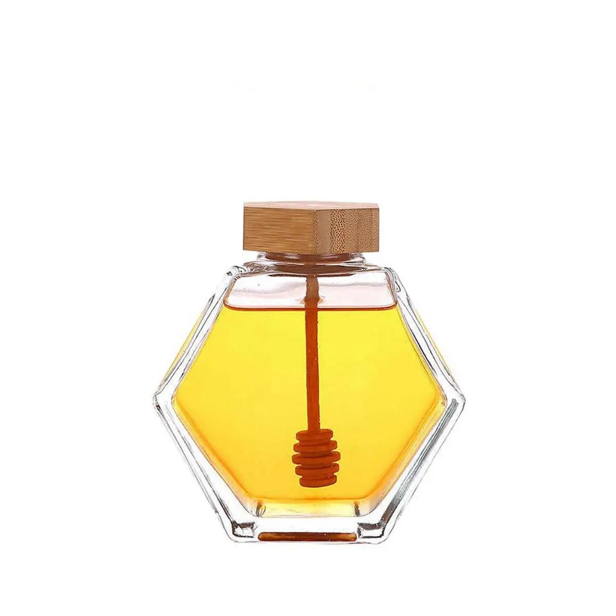 

Kitchen Hexagon Glass Cork Lid with Wooden Dipper Honey Pot Storage Container Honey Jar Dispenser
