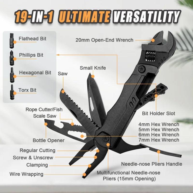 19-In-1 Multifunctional Tool Wrench - Compact and Durable Aluminum Alloy with Pliers, Wire Pliers, Saw, Bottle Opener, Etc. - Black
