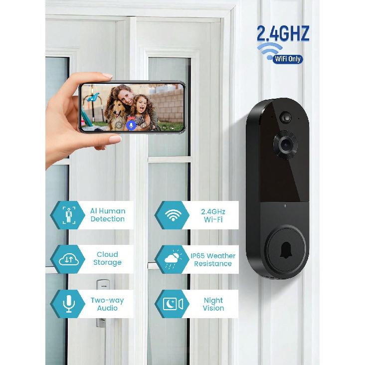 

Беспроводная камера дверного звонка 1080P с бесплатным звонком, интеллектуальным обнаружением человека с помощью искусственного интеллекта, ночным видением, двусторонней аудиосвязью, питанием от аккумулятора, облачным хранилищем, 2,4 ГГц WiFi,