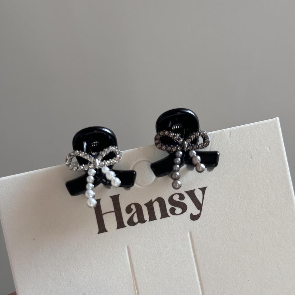 Black Pearl Rhinestone Bow Hair Clip for Bangs and Princess Hairstyles