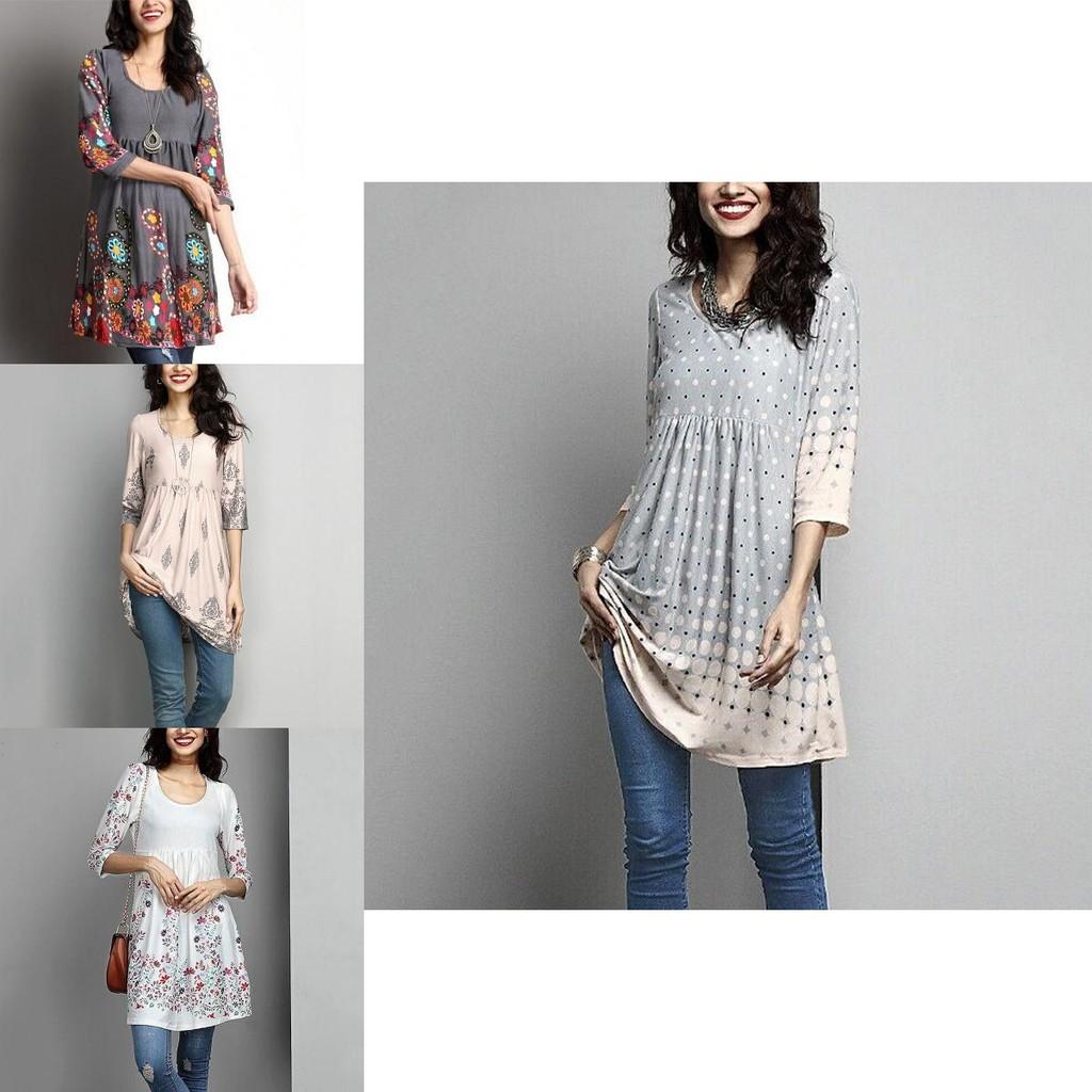 Elegantes Plus Size Damen Druck Langarm Mini Kleid T-Shirt Tunika Herbst S-5XL