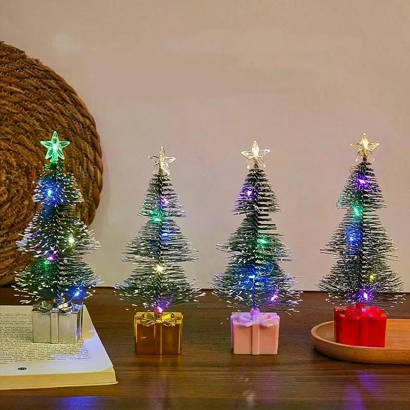 Mini Christmas Trees With LED Light Decor Tabletop Crafting DIY Christmas Gift Green Brush Trees Plastic Winter Snow Ornaments