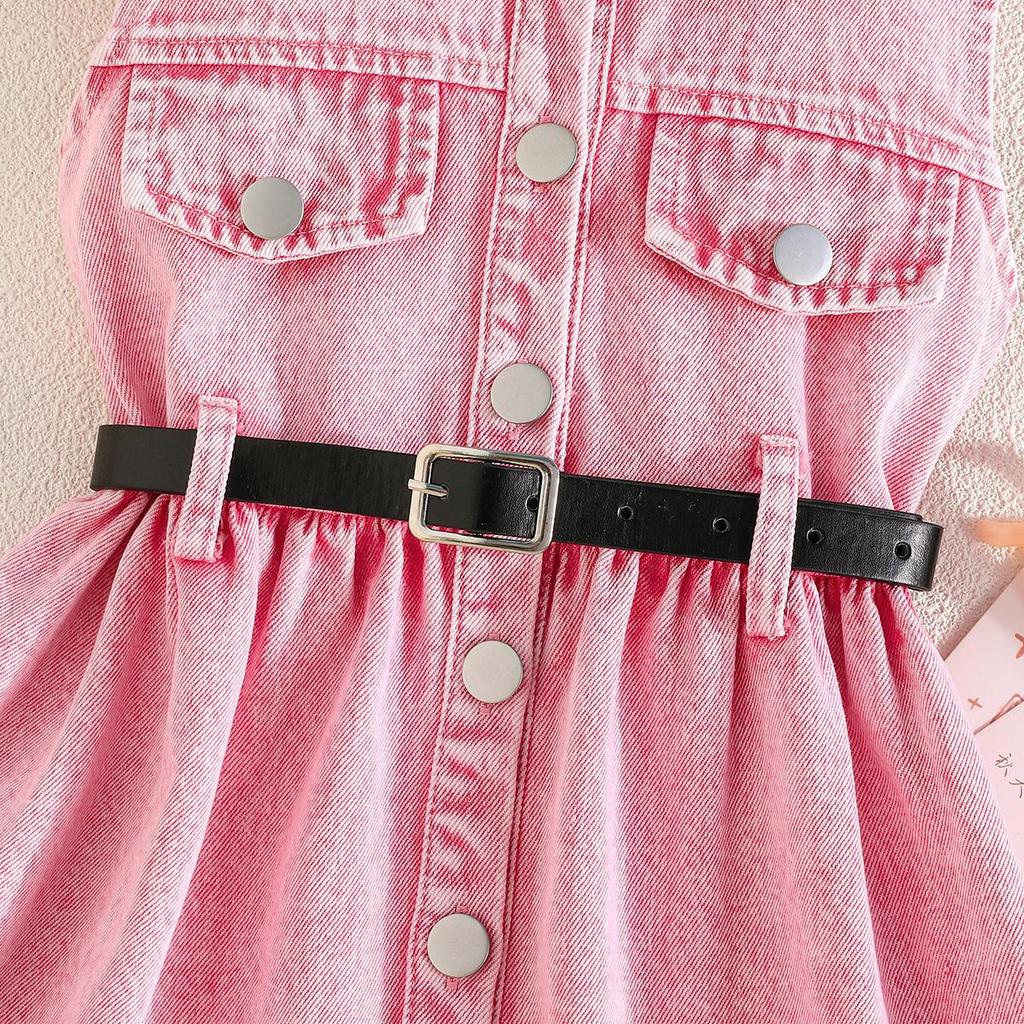 Girls Sleeveless Denim Dress with Belt, Button-Down Shirt Style Casual Summer Outfit