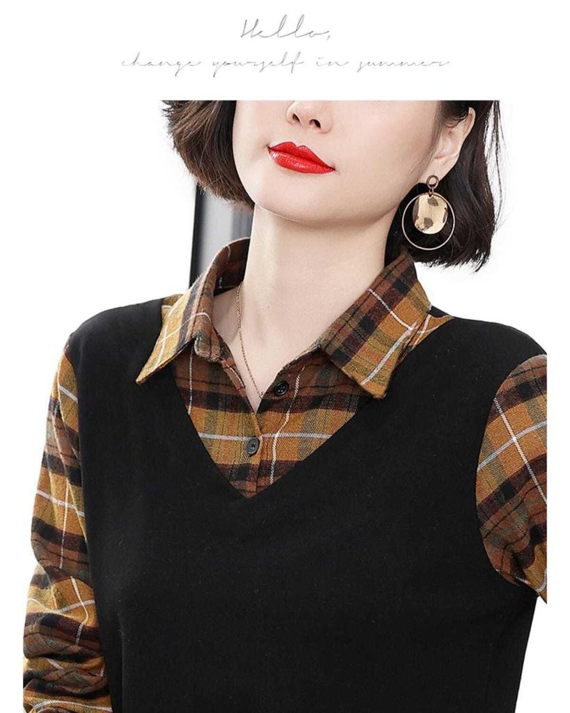 Women's Plus Size Patchwork Plaid Polo Neck T-Shirt, Versatile Fake Two-Piece Long-Sleeve Base Layer, Perfect for Autumn and Mother's Wear.