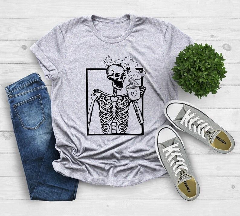 

2025 European & American Skull Coffee Print Women s Short Sleeve T-shirt XXXL