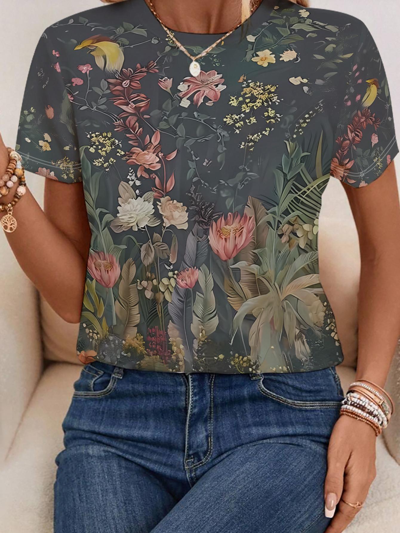 

Women s Short-sleeve T-with a Deep of Colorful Flowers and Birds. Paired with-colored Jeans 3XL дубильна кора