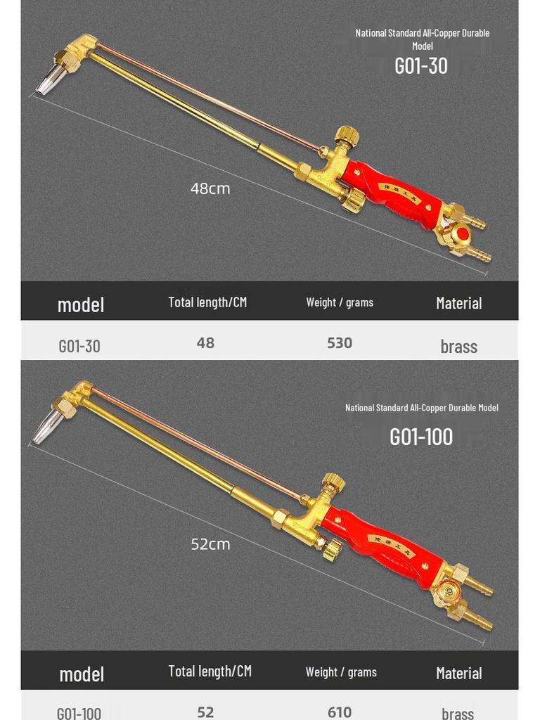 Industrial Grade Dual-Tube Cutting Torch G01-30/100/300 for Oxygen, Acetylene, or Propane Gas.