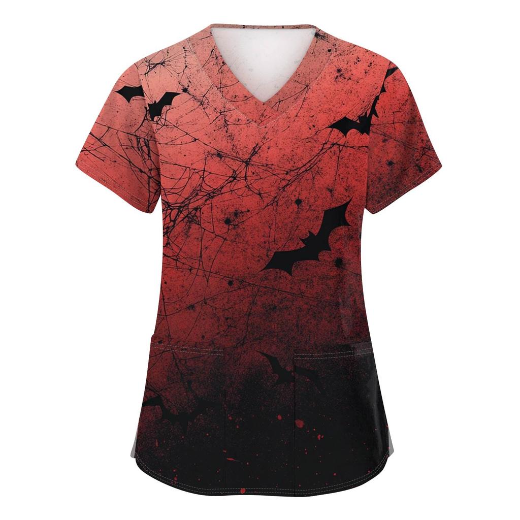 Women's Fashion V-neck Short-sleeved Work Uniform With Pockets, Halloween Print Top