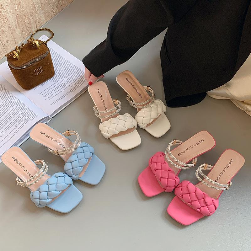 Big Size Square Head High-heeled Slippers Female External Wear Summer Fairy Two Wear Sandals One Word Slippers Fashion Women Summer Breathable Shoes