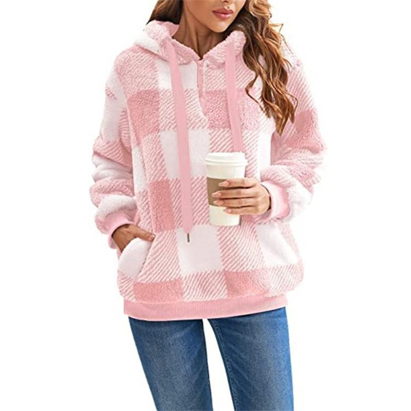 Plush Jacket Autumn and Winter New Long Sleeved Hooded Plaid Plush Women's Hoodie