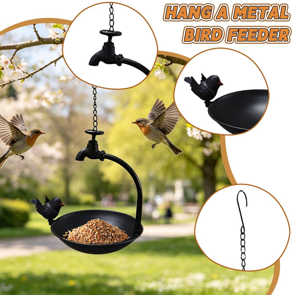 Outdoor Hanging Metal Bird Feeder with Decorative Faucet and Bird Design Hanging Chain for Garden Patio Backyard
