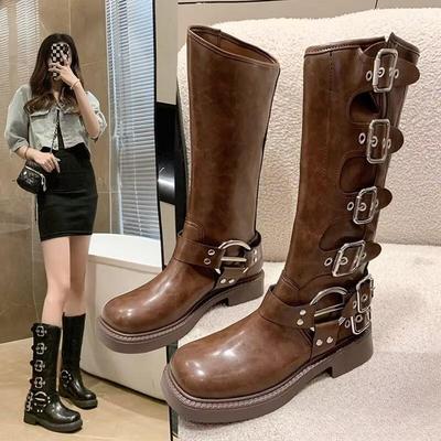 Botas vintage de otoño e invierno para mujer, botas vaqueras finas de verano, botas de tacón medio, botas de caballería de cuero
