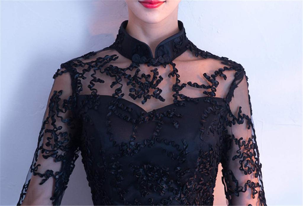 Neues Hochzeitsrot Langes Fishtail Slim Fit für Bankette [YUANYUAN] Herbst/Winter Cheongsam, Kleid, (Schwarz, XL)