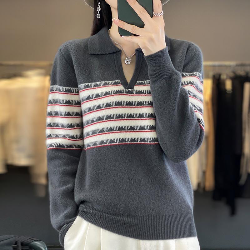 Lapel Contrasting Air Layer Cardigan for Women In Autumn and Winter New Loose and Versatile Cashmere Knitted Sweater Warm Base Shirt