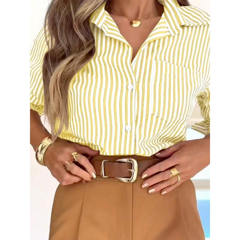 Women's Spring Autumn Striped Buttons Shirt Long Sleeve Casual Office Work Blouse Pocket Fashion Elegant Loose Simple Tops Vintage Clothing