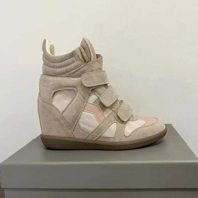Damen Stiefeletten Echtes Leder 8CM Versteckter Absatz Damen Plateau-Sneaker Modisches Splice-Farbdesign Damenschuhe 41 beige
