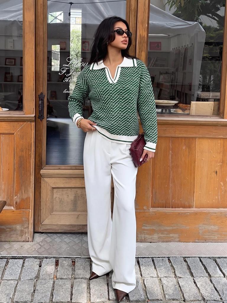 TEMU 2026 Autumn/Winter Gentle Commuting Knitwear: Diagonal Stripe Lapel Half-Button Loose Sweater