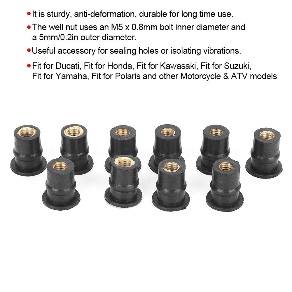 KIMISS 10Pcs Motorcycle Windshield Bolts Screws Kit 5mm/0.2in Rubber M5 Well Nuts Fairing Fasteners Powersports Parts for Motorcycle and ATV