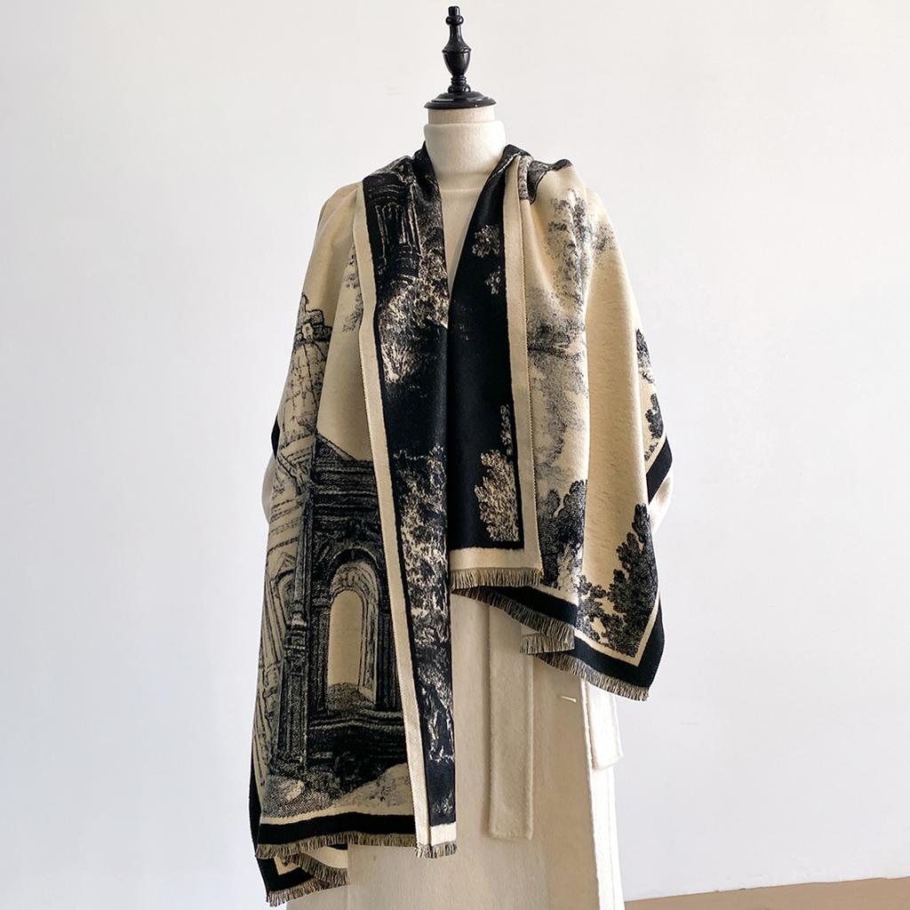 New Classical Architecture Style Cashmere Women Print Double-sided Scarf  Winter Warm Shawl Pashmina Female Outdoor Scarves