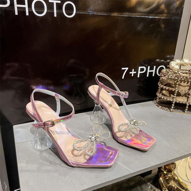 Sandals Spring Women's One-Word with High Heel Rhinestone Bow Premium Crystal Sandals