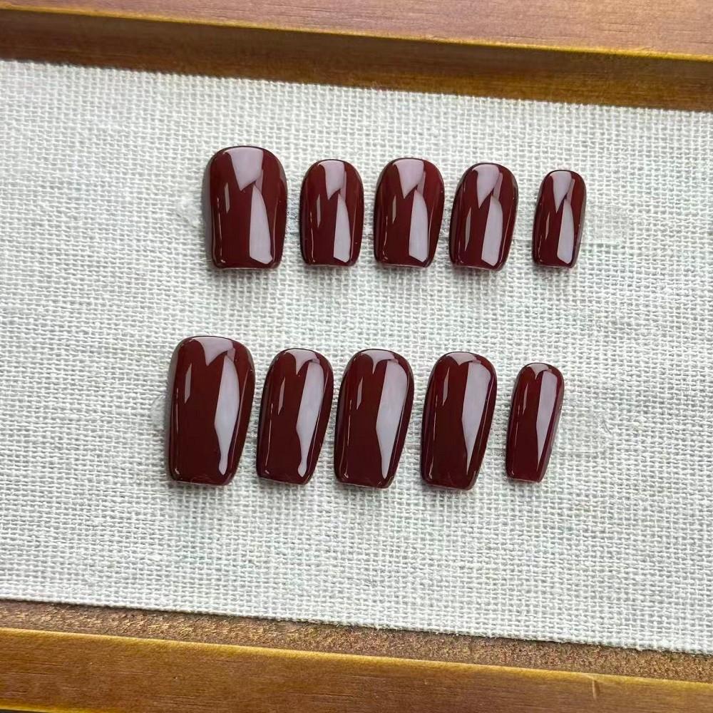 5in1 Toolkit+HANDMADE Press On Nails Glossy Solid Color Retro Wine Red Phototherapy Fake Nail Patch Artificial Nail Reusable