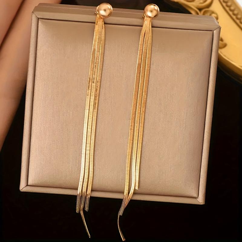 A Pair of Elegant Simple Snake Bone Tassel Long Earrings | 18K Golden Plated, Zinc Alloy, Suitable for Daily and Gift-giving Occasions, All Seasons