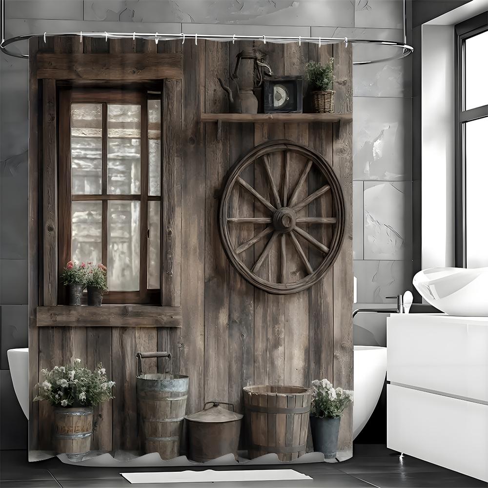 Timmerstuga Hjul Planteringskar Duschdraperi, Badrum Dekorativt Duschdraperi, Vattentätt Duschdraperi med Krokar