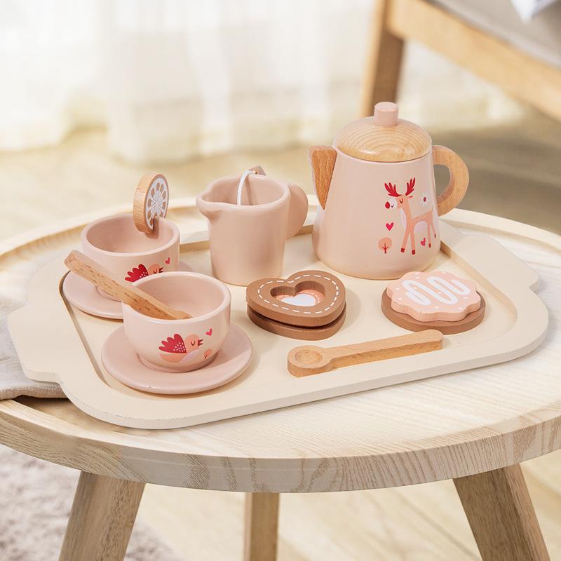 Simulation play house afternoon tea dessert cake bubble teapot cup tea set wooden toys children's breakfast toys