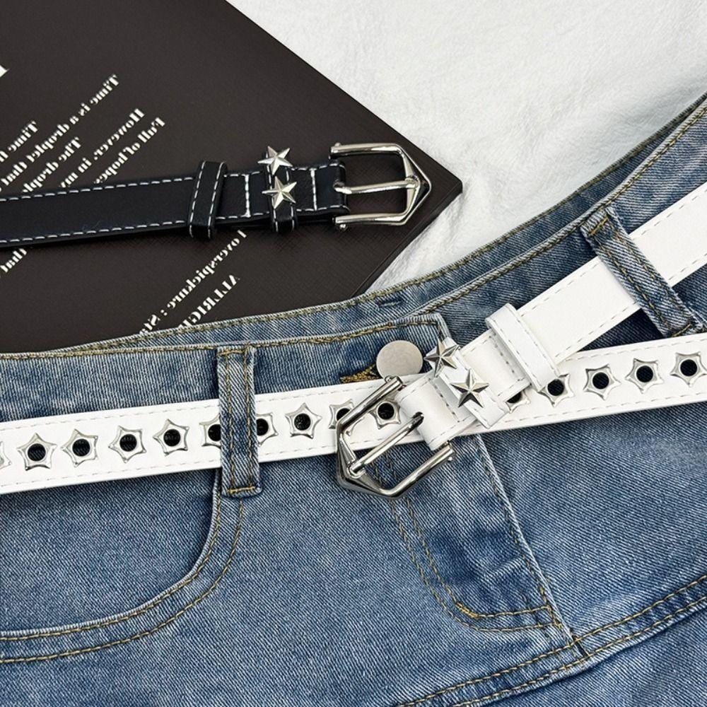 Star Eyelets Women's Jeans Belt Metal Buckle Girls Rivet Waistband Y2K Star Waist Belts  Rock Roll