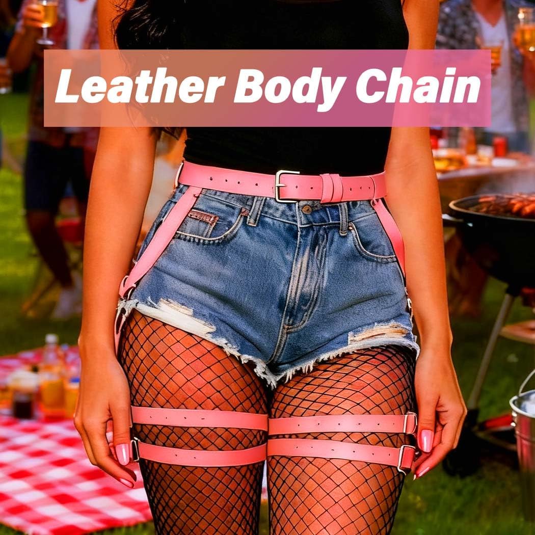 Asooll Pink Leather Leg Harness Punk Waist Chain Rave Fashion Thigh Chain Jewelry for women