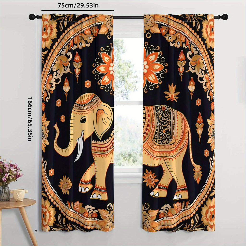 2 stuks Thaise Olifant Print Gordijnen - Levendig Bloemen- en Geometrisch Ontwerp, Verduisterend Stof, Stangzak Ophanging, Machinewasbaar