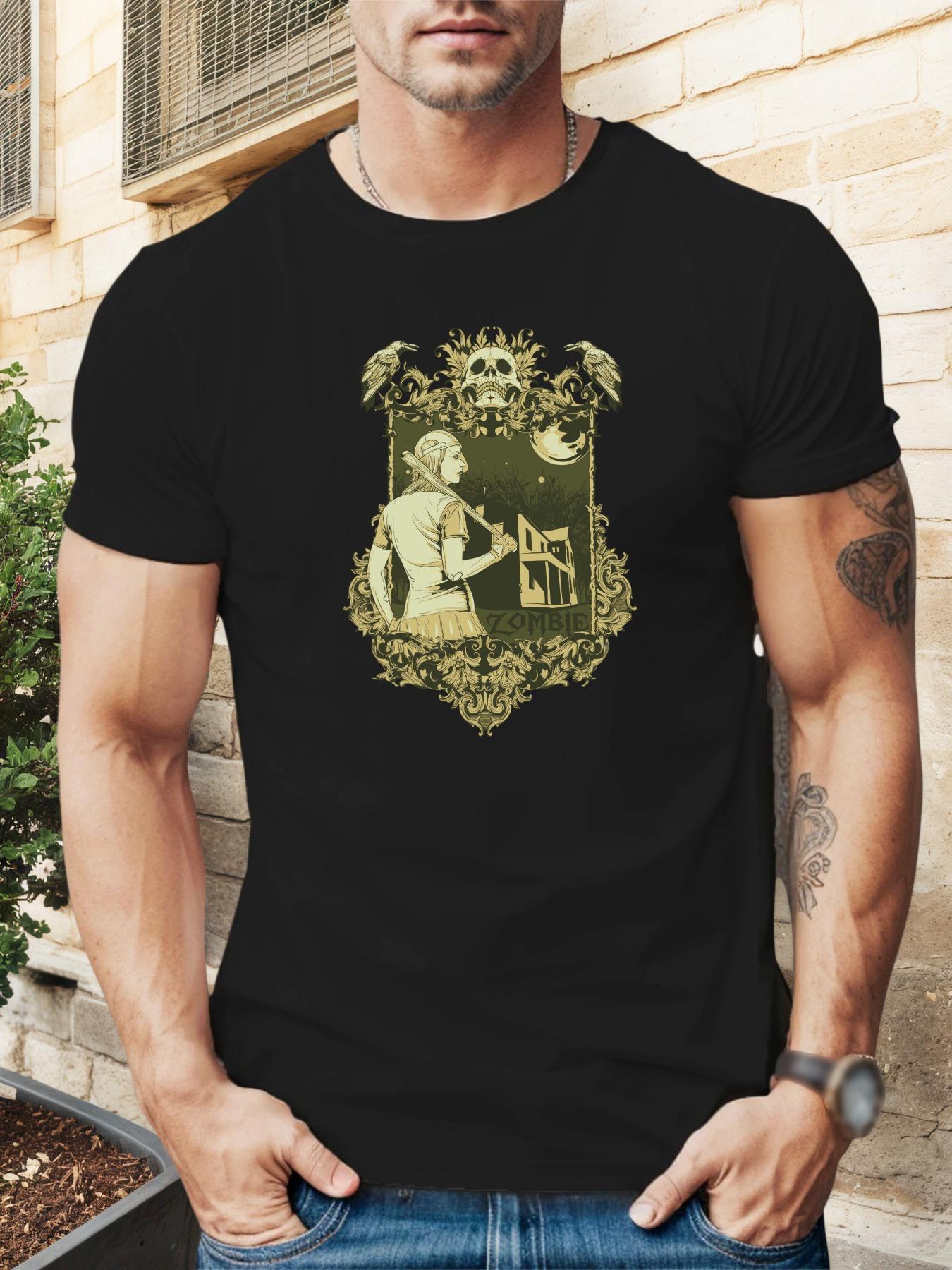 T-shirt - Summer Comfort Round Neck Solid Black Tee with Intricate Staff Maiden & Moonlight Artwork XXXXL