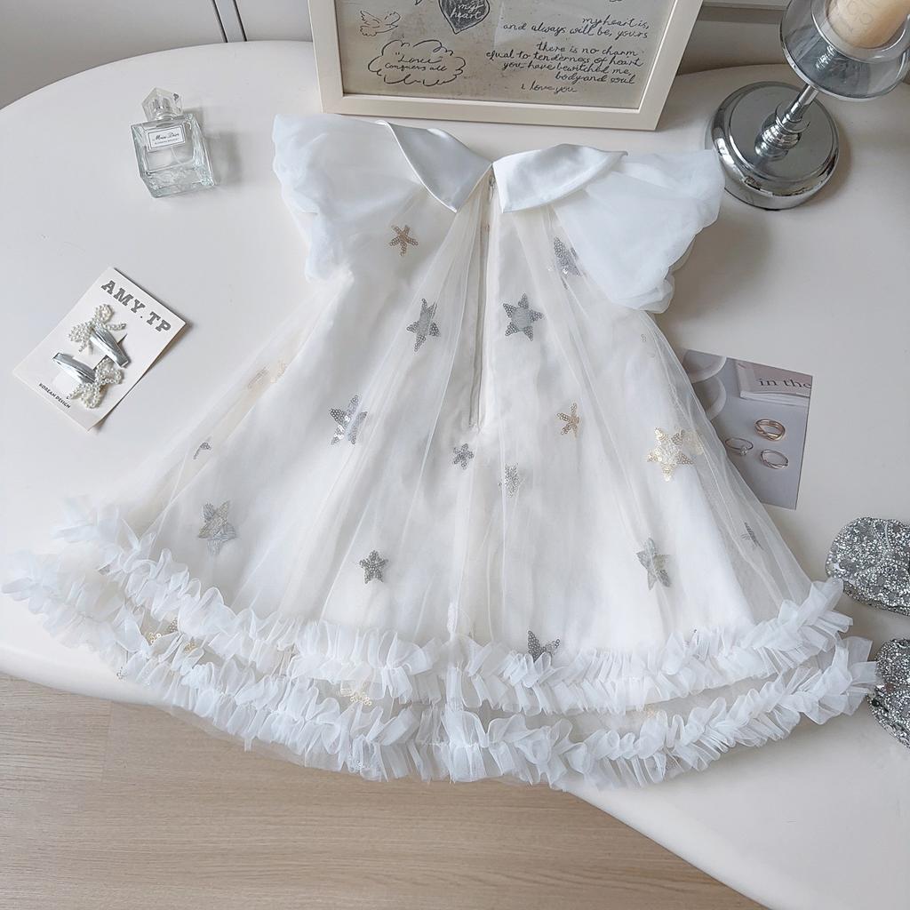 Summer Girls Princess Dress With Puff Sleeves Star Sequins Tulle Skirt Cute Party Gown For Kids