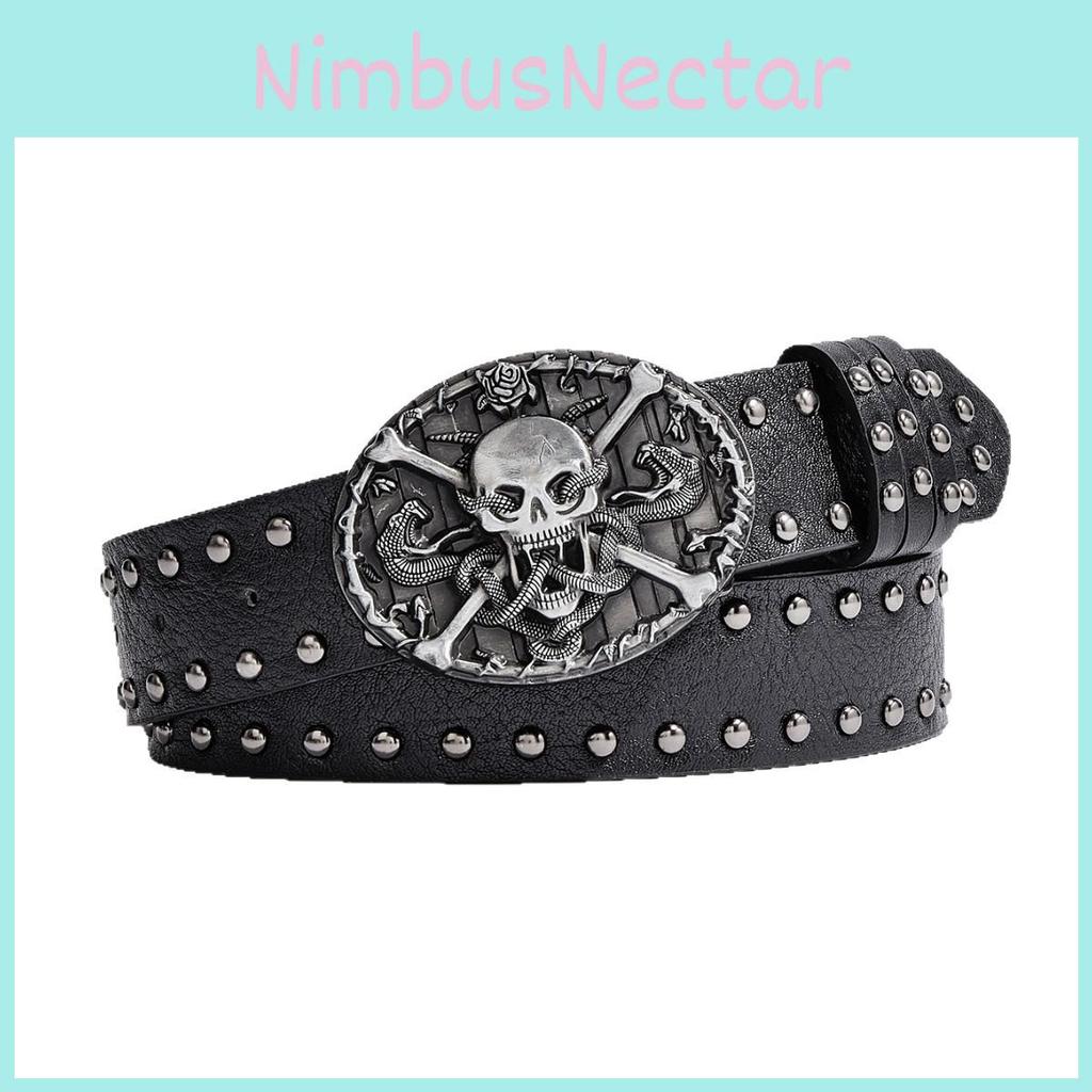 Punk Skull Leather Belt For Men With Metal Snap Closure For Casual Streetwear