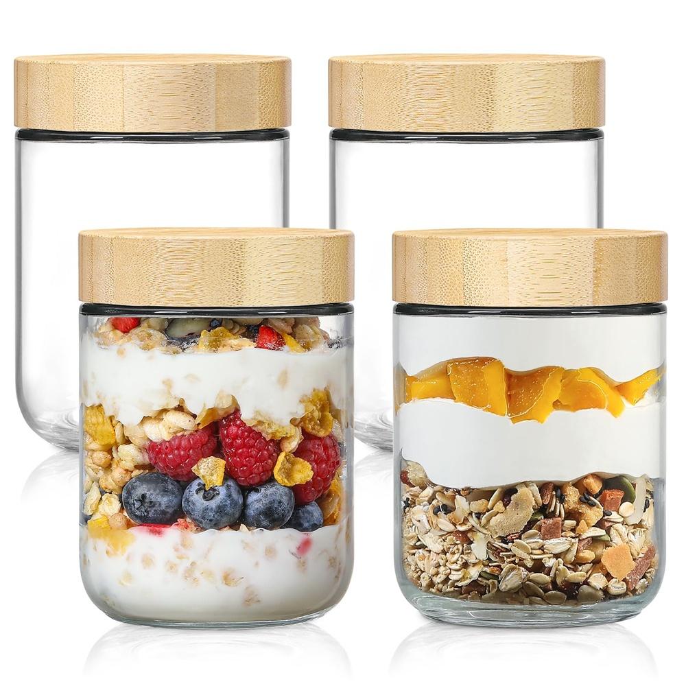 

4 pack 16oz Overnight Oats Containers with Bamboo Lids Glass Jars with Airtight Lids for Meal Prep Wide Mouth Mason Salad Jars