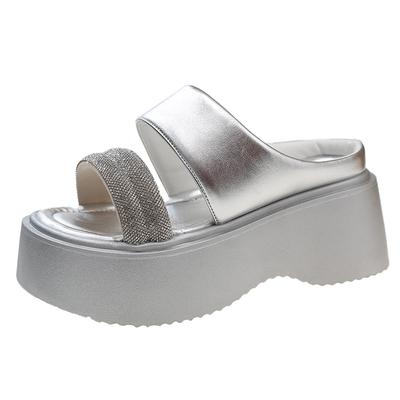 Fashion 8cm Genuine Leather Crystal Ladies Casual Platform Wedge Shoe Fashion Mocasins Slippers Women Rhinestone Sandal High Brand Shoes