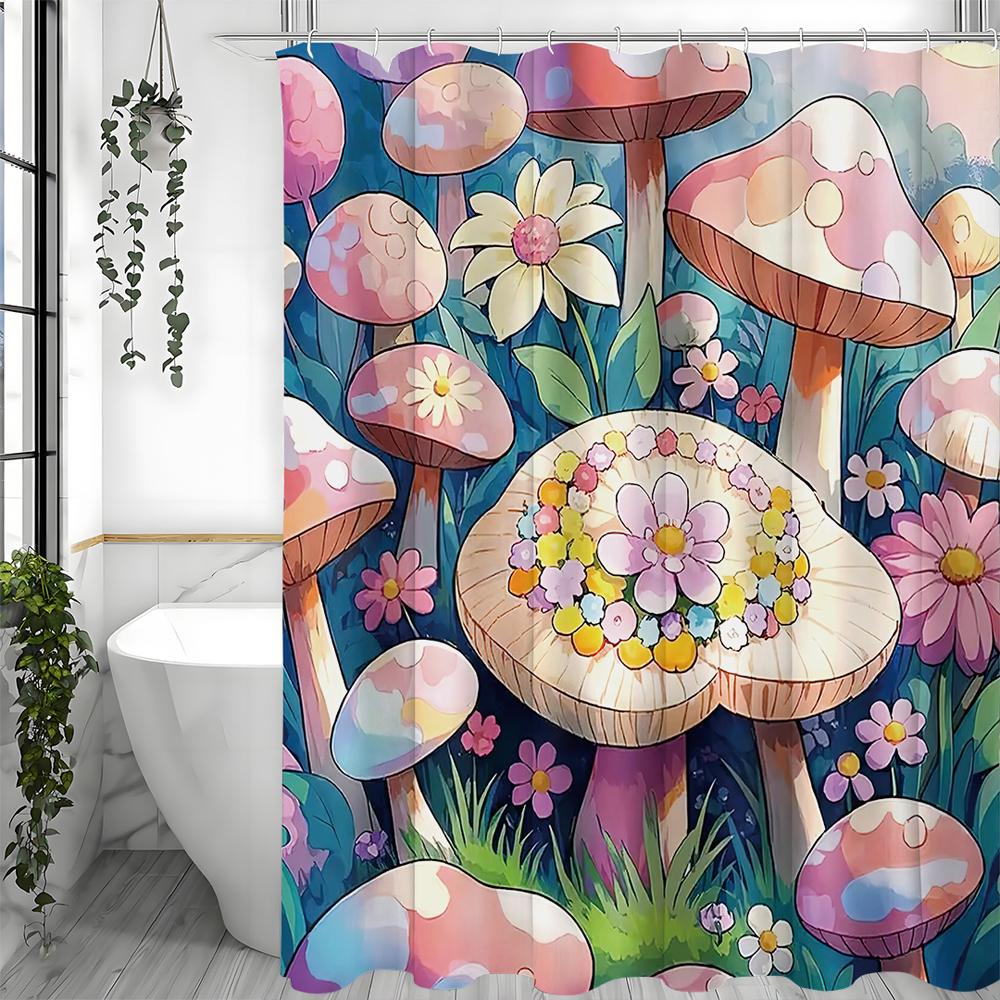 Färgglatt Duschdraperi med Svamp- och Blommotiv, Dekorativt Duschdraperi för Badrum, Vattentätt Duschdraperi med Krokar