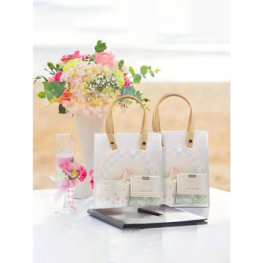 1pc Transparent Gift Bags with Handles, Reusable Plastic Bags with Brown Straw Handles, Translucent Frosted Gift Bags for Valentine's Day