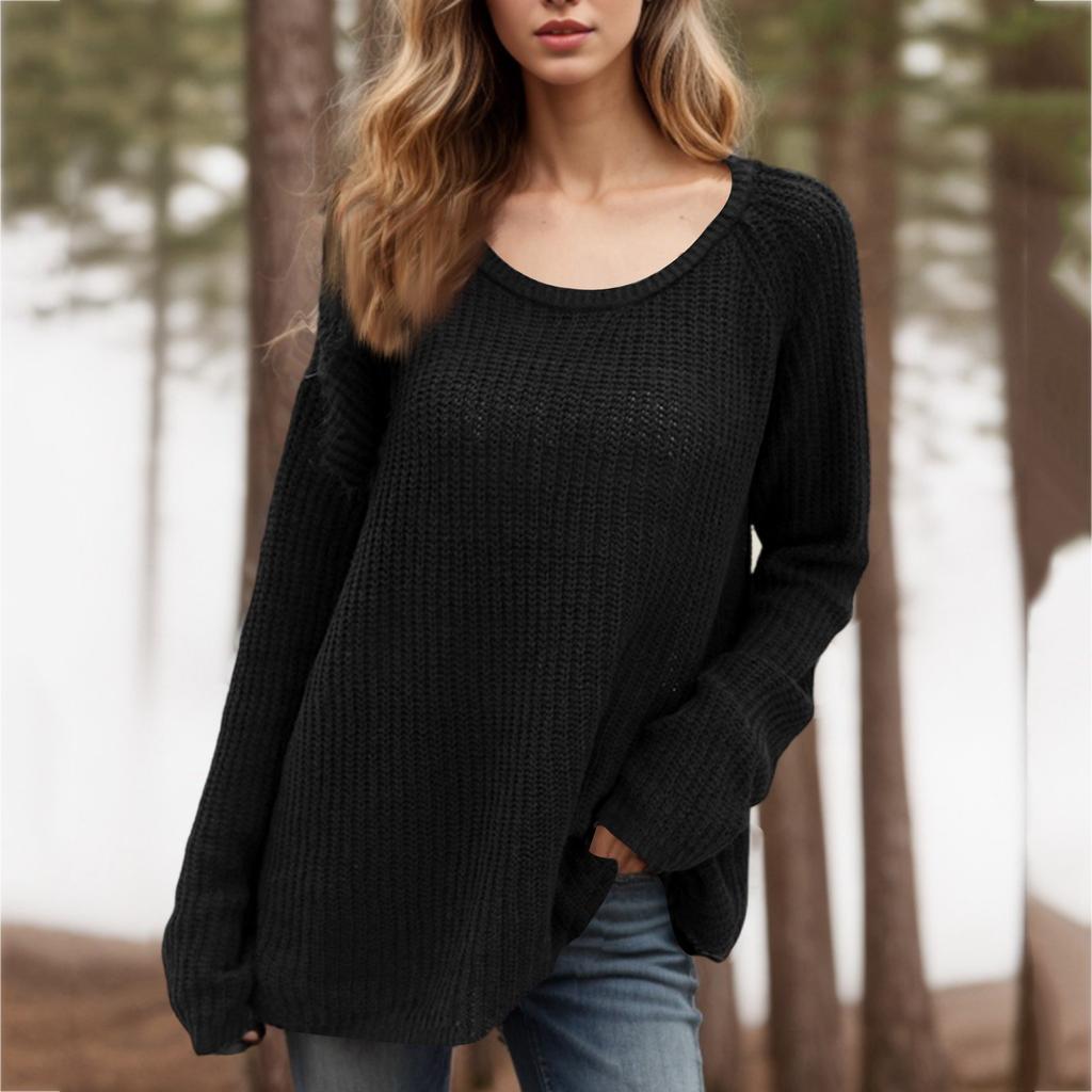Women's Fashion Loose Lazy Style Round Neck Solid Color Long Sleeve Knitted Sweater