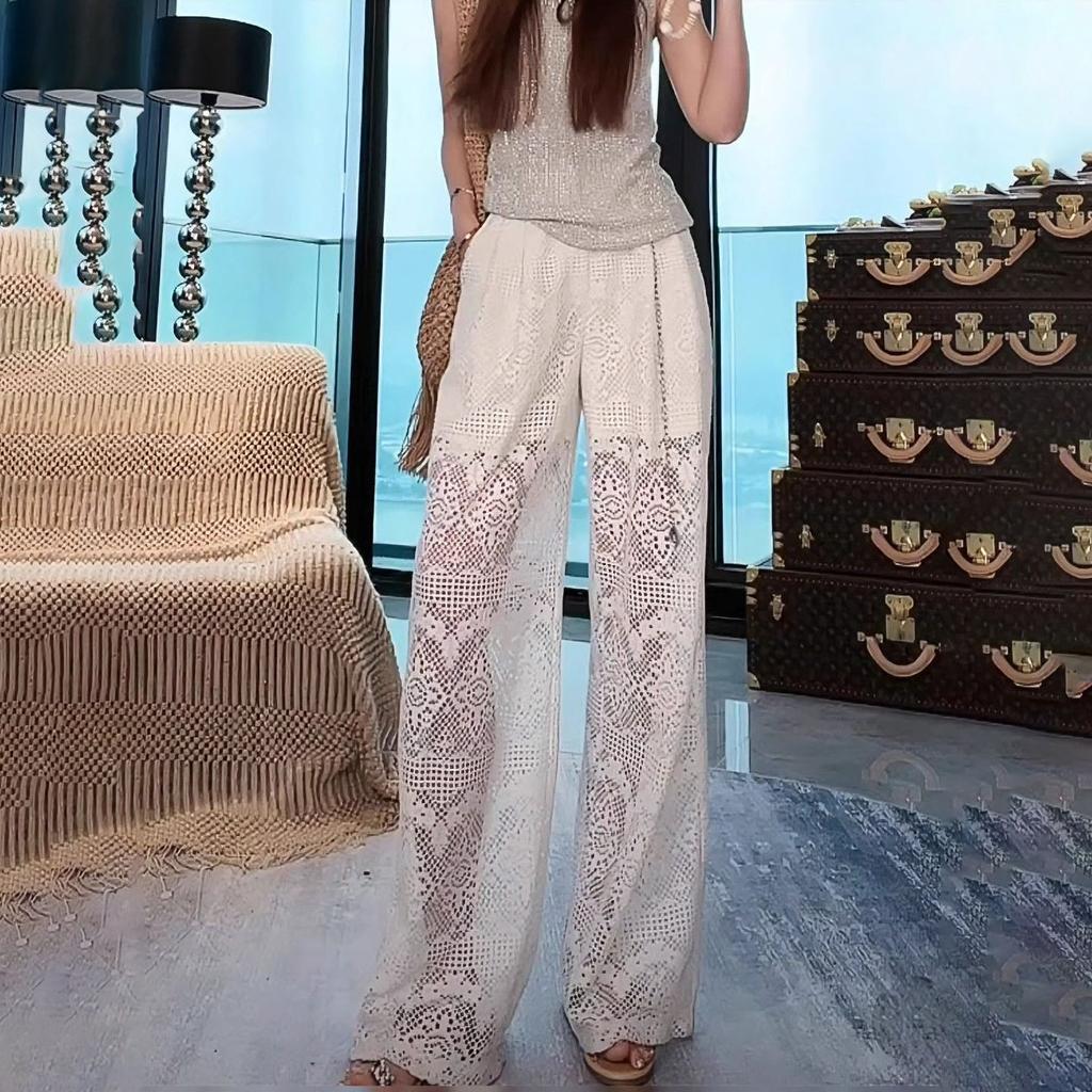 White Hollow Cool Pants for Women - Summer Thin Design-Forward Minimalist Loose Slimming Straight-Leg Casual Trousers