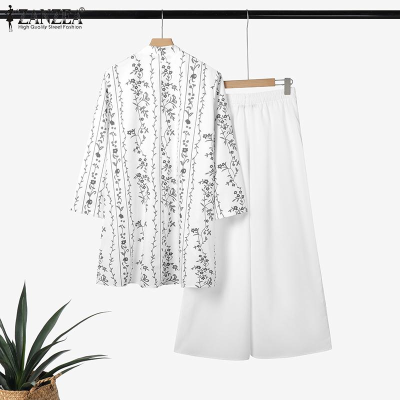 ZANZEA Women Print Long Blouse and Pants Casual Two Piece Suit Sets