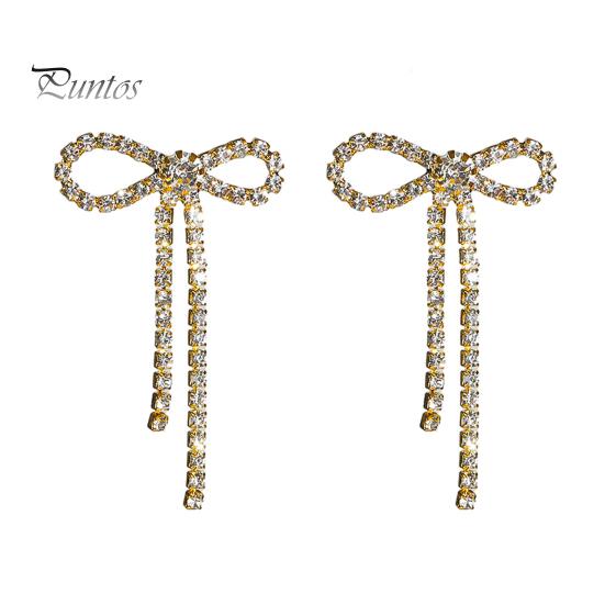 

1 пара жіночих сережок-пусет з кристалами, сережки з китицями у формі бантика, сережки з бантиком і довгими китицями, ювелірні аксесуари золотистий