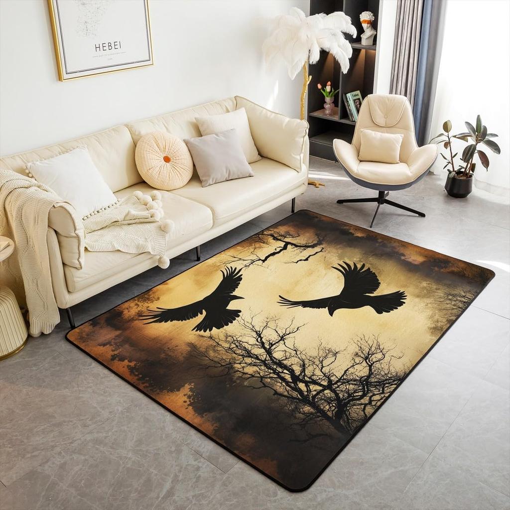 Bird Print Carpet Moonlight Raven Night Scene Design Anti-slip Mat Modern Mysterious Home Decor Area Rug for Living Room Bedroom