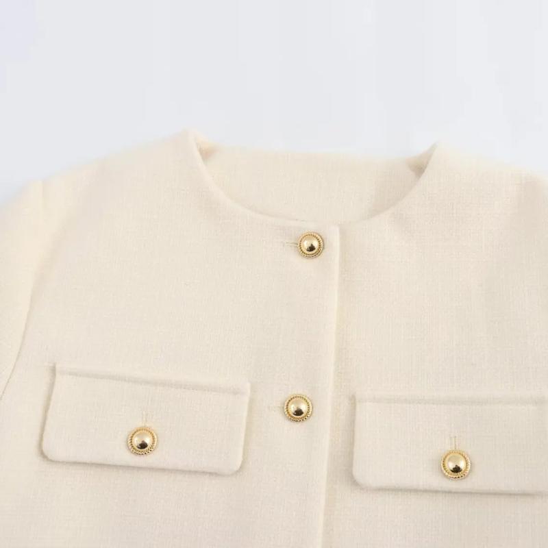 Women Fashion Autumn Winter Single-breasted Textured Round Neck Flip Pocket Short Jacket Coat Chic Ladies Tops Mujer