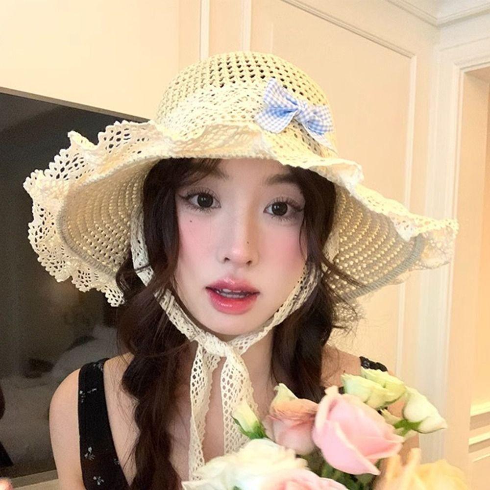 Sweet Big Bowknot Sun Hat Elegant Lace Brim Sunshade Cap Summer Woman's Straw Hat  Beach