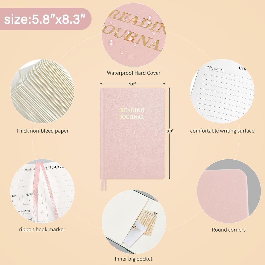Pink 5.8x8.3 Leather Reading Journal - Gift for Book Lovers and Readers, Review and Track Your Reading with 65 Book Reviews